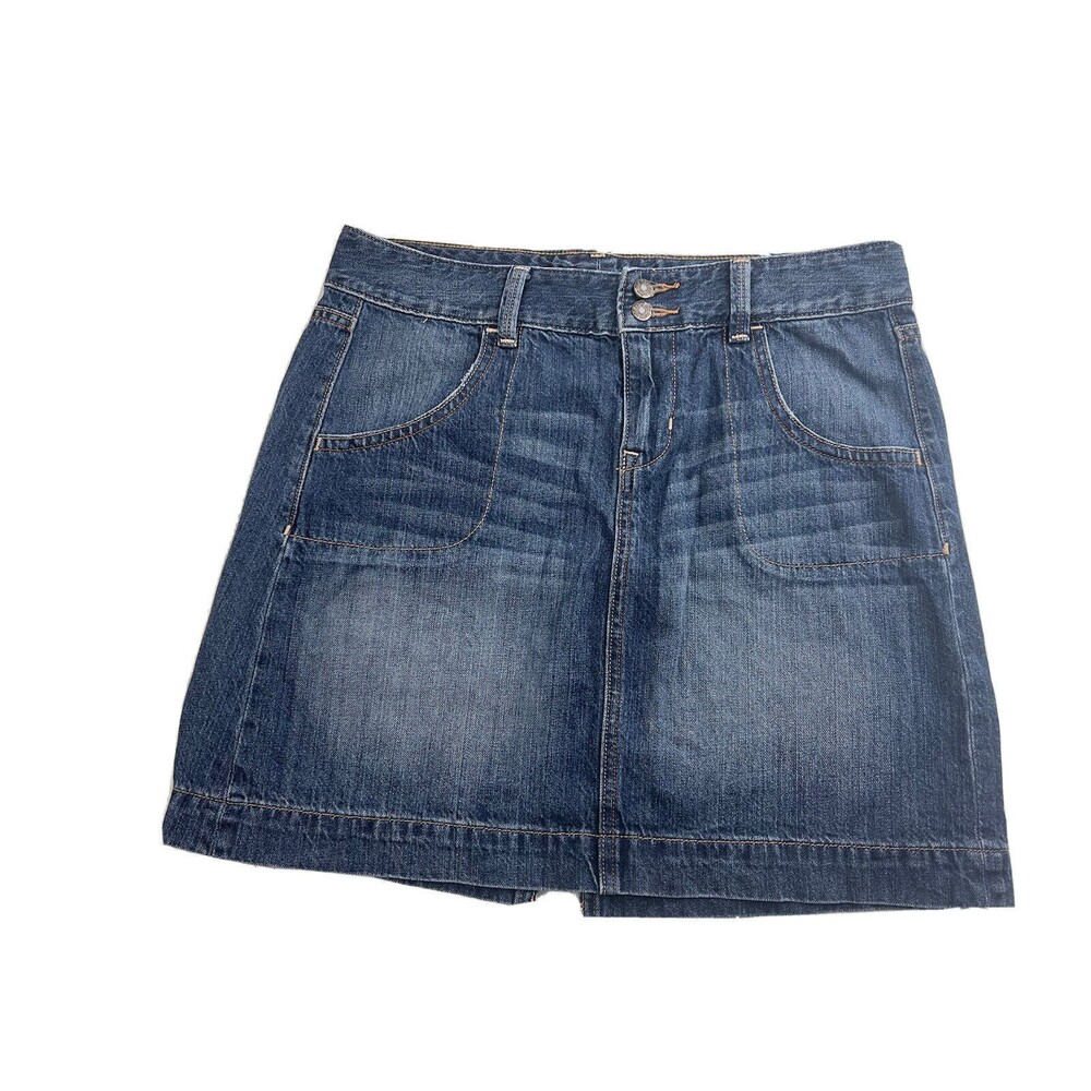 Old Navy Womens 8 Blue Denim Jean Mini Skirt Low Rise Faded Pockets Slit Back